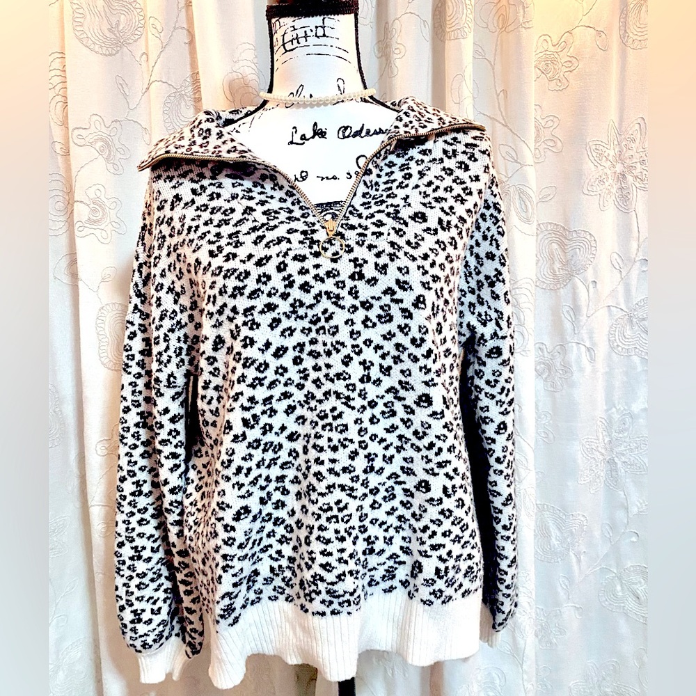 LOFT Sweater, black and white leopard print, size medium.